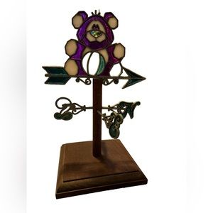 Vintage Teddy Bear Weathervane Stained Glass look With Wooden Vase